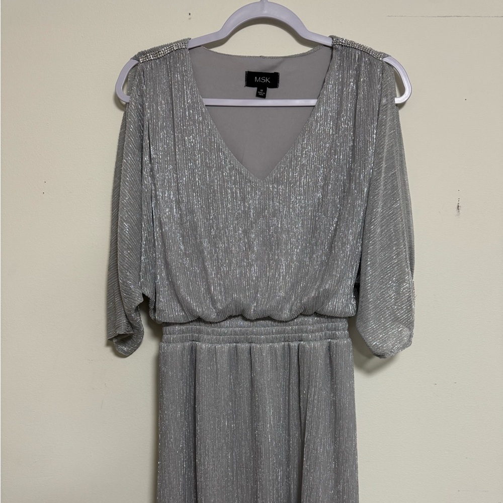 MSK Silver Metallic V-Neck Long Sleeve Evening Dress